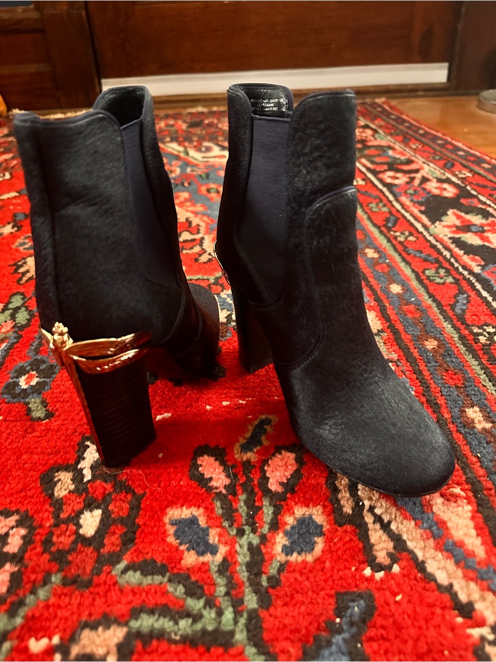 Tory Burch Theodora Dark Blue Heeled Boot with Gold Heel Dragonfly Accent
